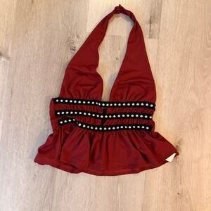 Make Me chic red burgundy halter peplum top with studded black trim Size Small